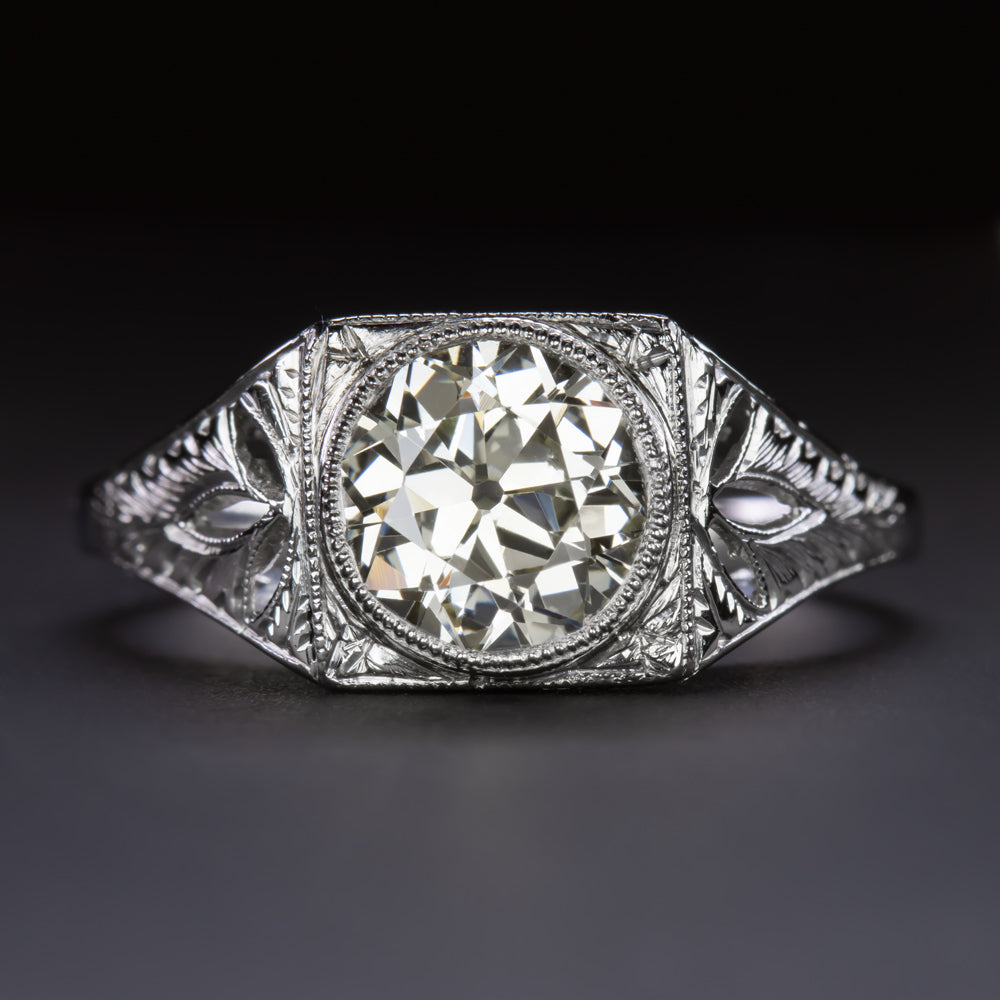Old Euro Diamond Art Deco Mens Ring Engraved 18K White Gold