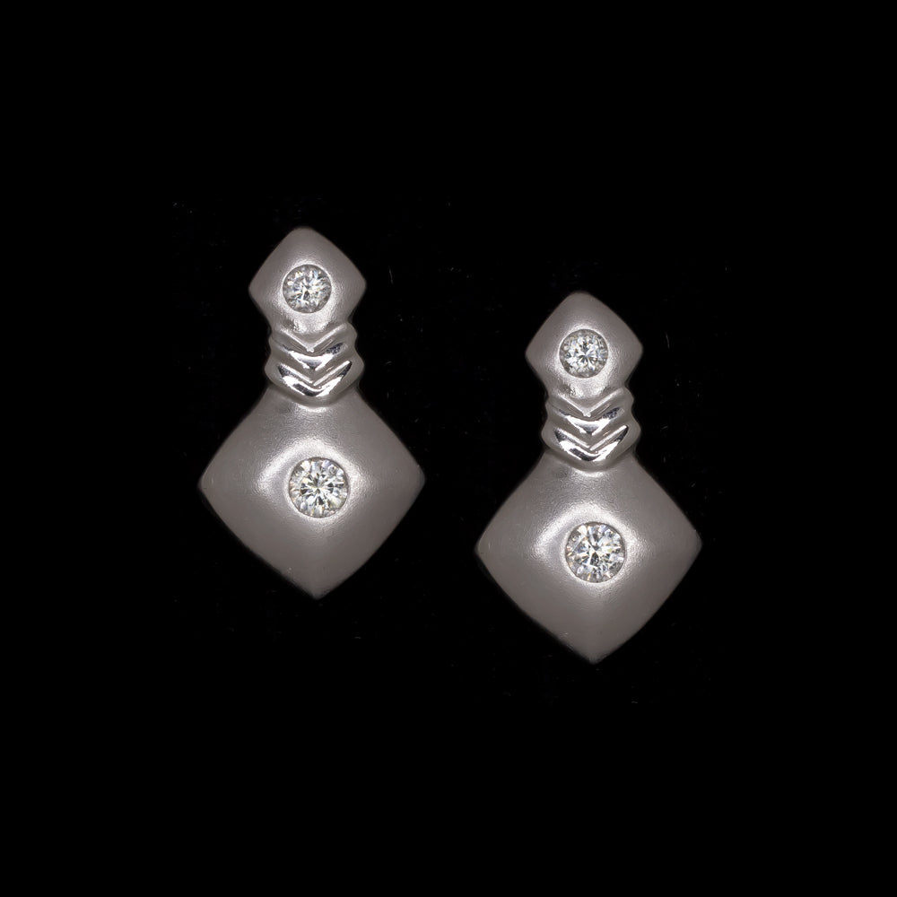 VINTAGE DIAMOND WHITE GOLD STUD DROP EARRINGS 80s RETRO FLUSH SET SATIN ESTATE
