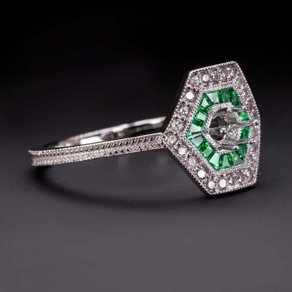 DIAMOND EMERALD VINTAGE RING SETTING ROUND 4m ART DECO STYLE SEMI MOUNT ANTIQUE