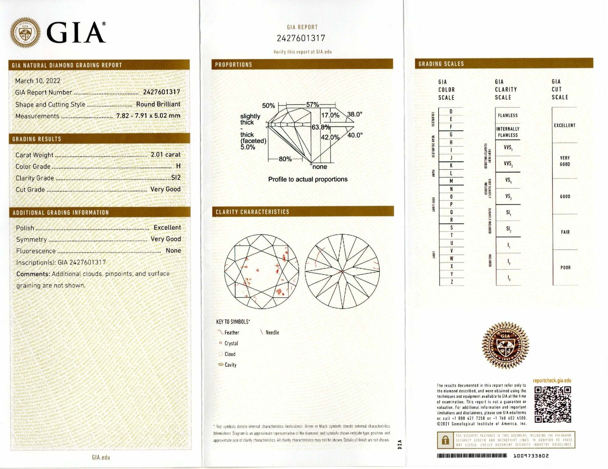 2 CARAT GIA CERTIFIED H SI2 VERY GOOD CUT DIAMOND LOOSE ROUND BRILLIANT CUT 2ct