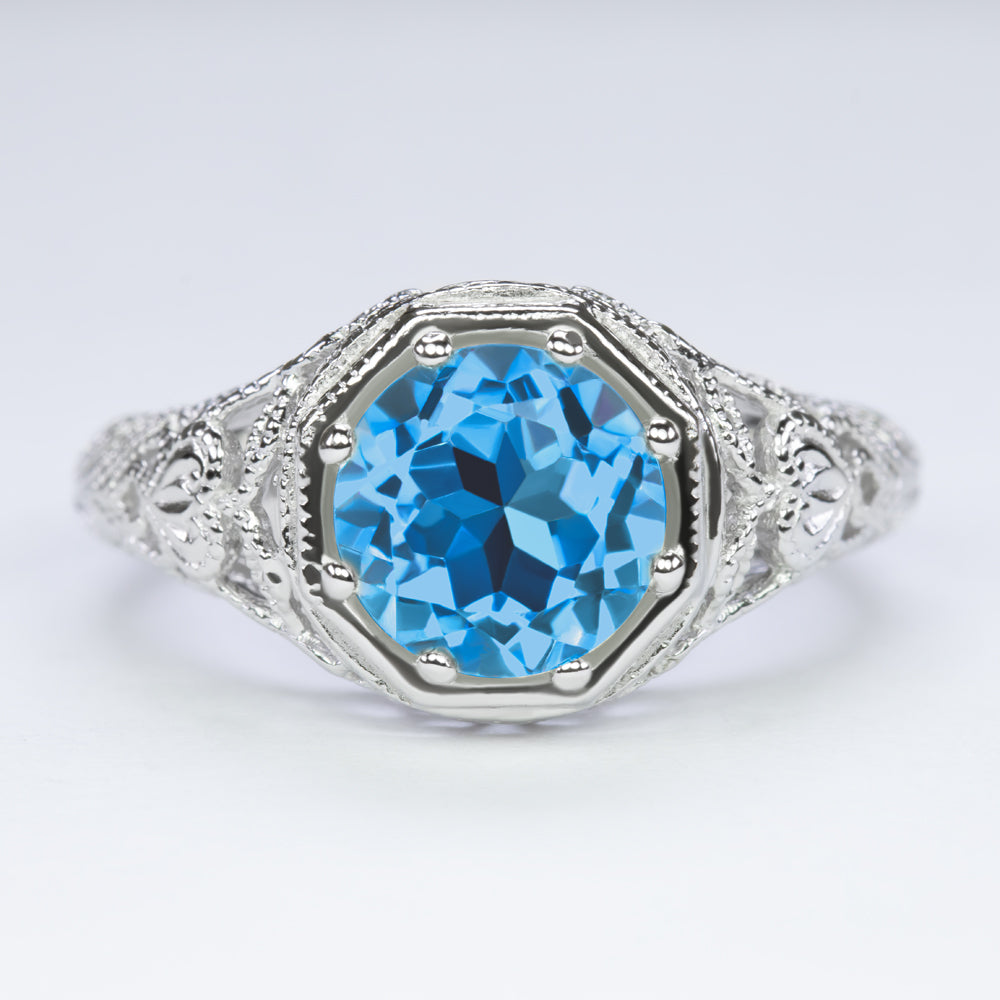 LONDON BLUE TOPAZ STERLING SILVER RING VINTAGE STYLE ART DECO