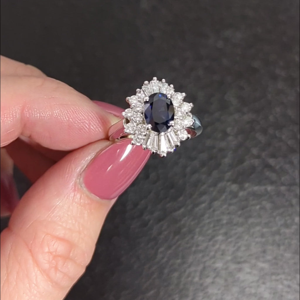 2.45ctw SAPPHIRE DIAMOND VINTAGE COCKTAIL RING HALO WHITE GOLD STATEMENT ESTATE