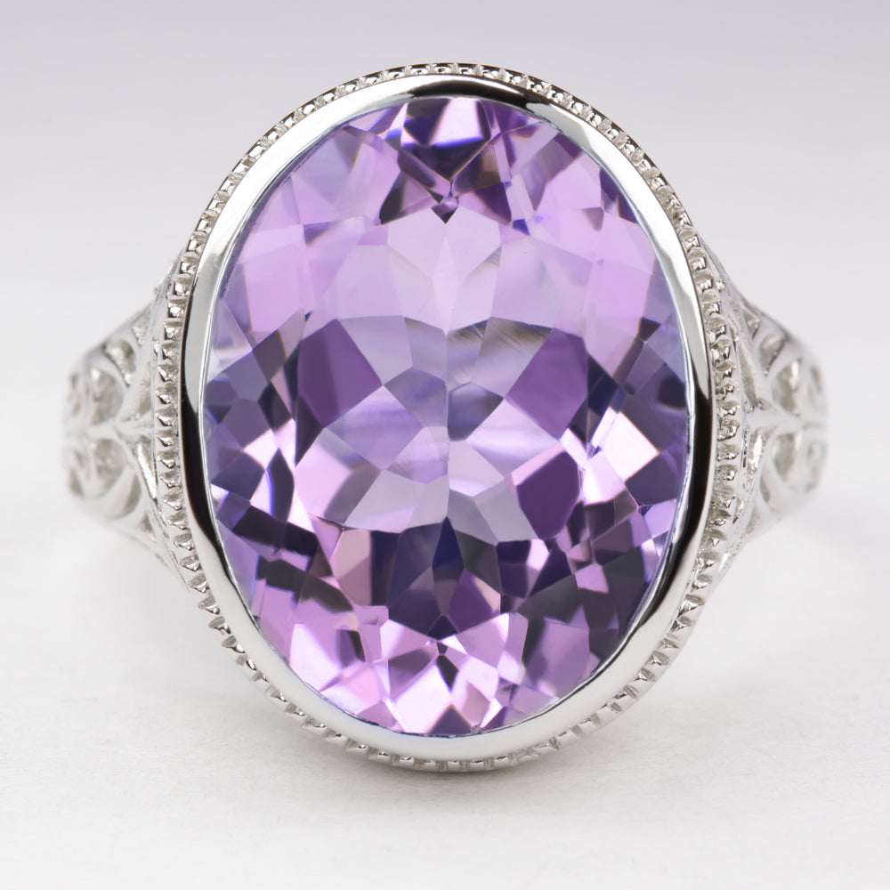 AMETHYST STERLING SILVER RING VINTAGE STYLE OVAL FILIGREE PURPLE