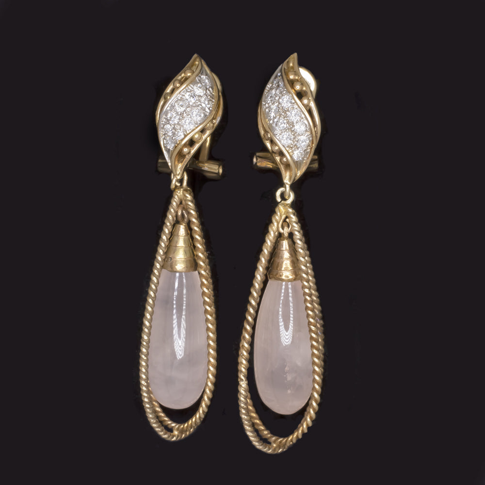 ROSE QUARTZ 0.50ct DIAMOND DROP EARRINGS 14k YELLOW GOLD DANGLE CAGE TEARDROP