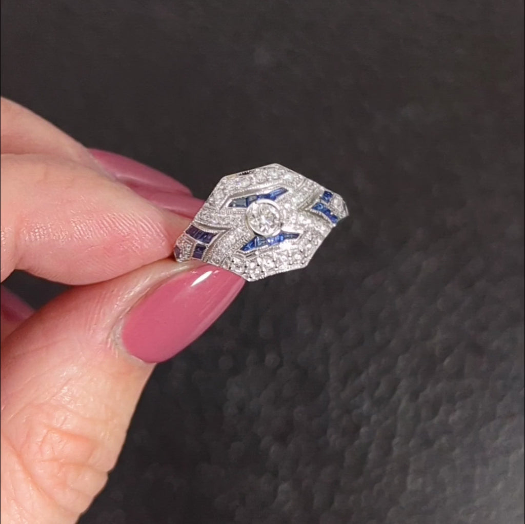 LEO CUT DIAMOND SAPPHIRE VINTAGE STYLE RING ART DECO COCKTAIL WHITE GOLD CALIBRE