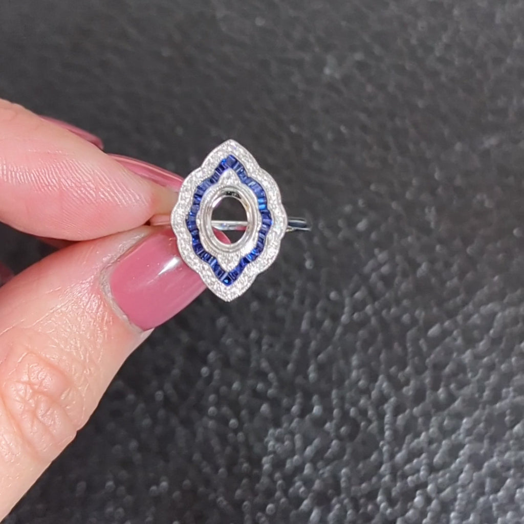 SAPPHIRE DIAMOND OVAL VINTAGE STYLE RING SETTING NAVETTE DOUBLE HALO CALIBRE