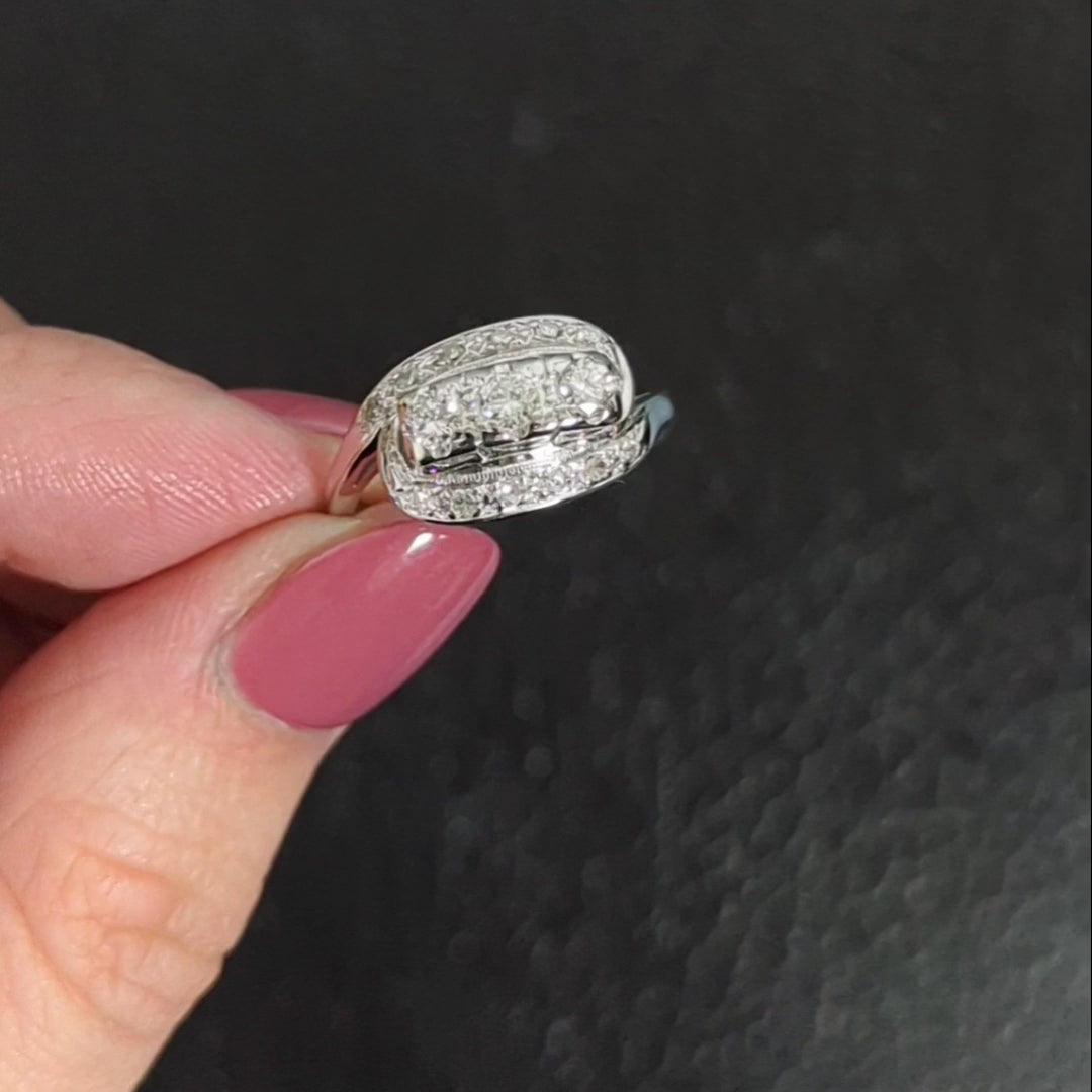 0.55ct NATURAL DIAMOND VINTAGE COCKTAIL RING RETRO BYPASS 14k WHITE GOLD ESTATE