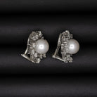 VINTAGE PEARL DIAMOND 14K WHITE GOLD STUD EARRINGS MIDCENTURY STARBURST ATOMIC