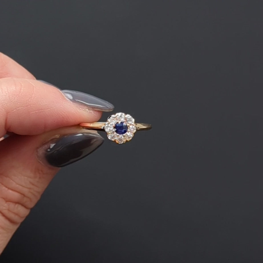 ANTIQUE SAPPHIRE DIAMOND COCKTAIL RING 14k ROSE GOLD HALO VICTORIAN CLUSTER
