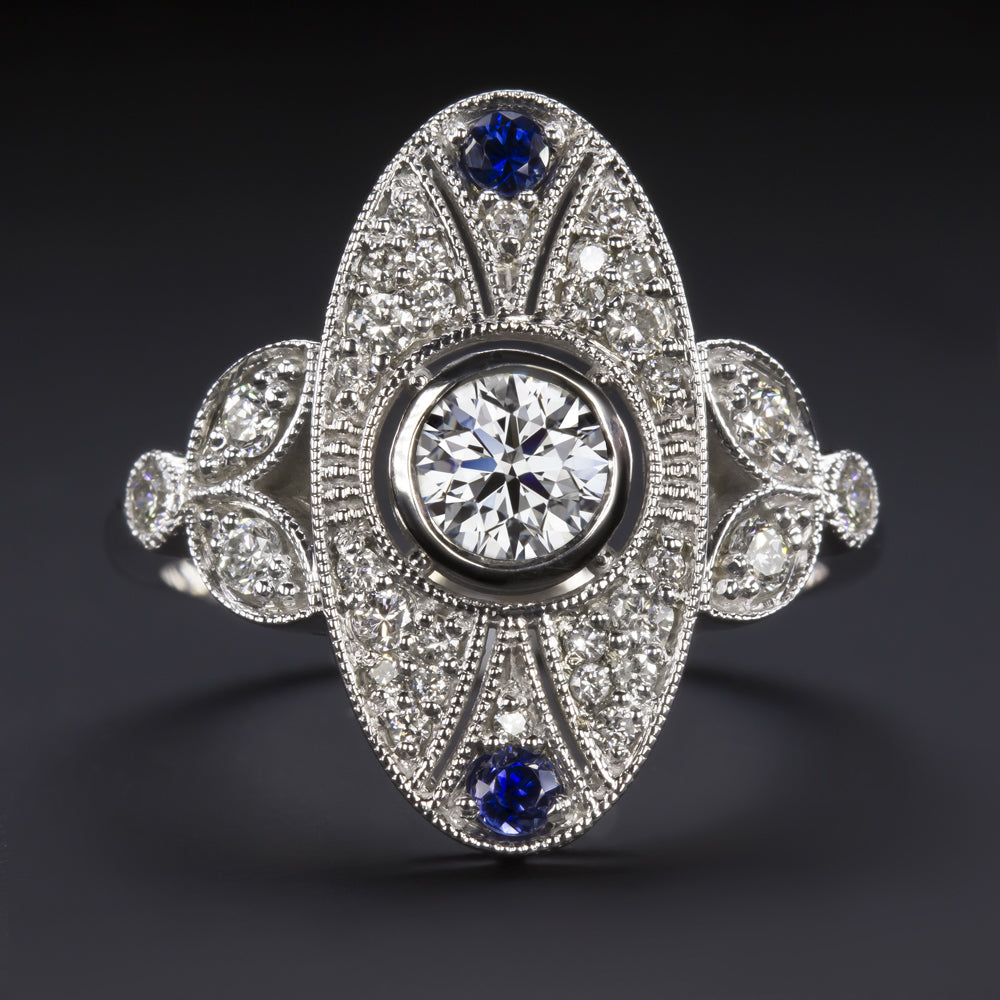 VINTAGE STYLE LAB CREATED DIAMOND SAPPHIRE COCKTAIL RING 14k EDWARDIAN ROUND CUT