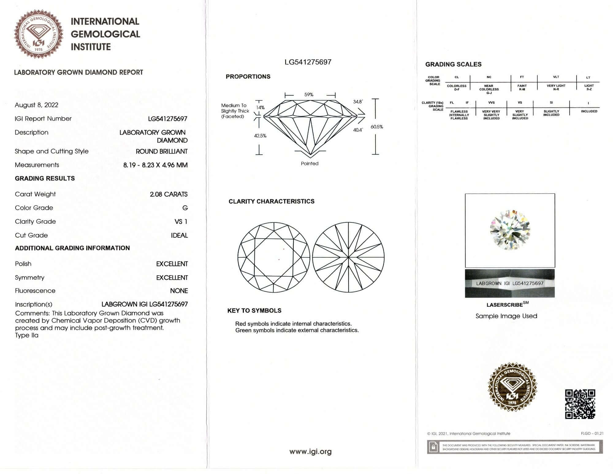 2.08ct LAB CREATED DIAMOND CERTIFIED G VS1 IDEAL CUT ROUND BRILLIANT LOOSE 2ct