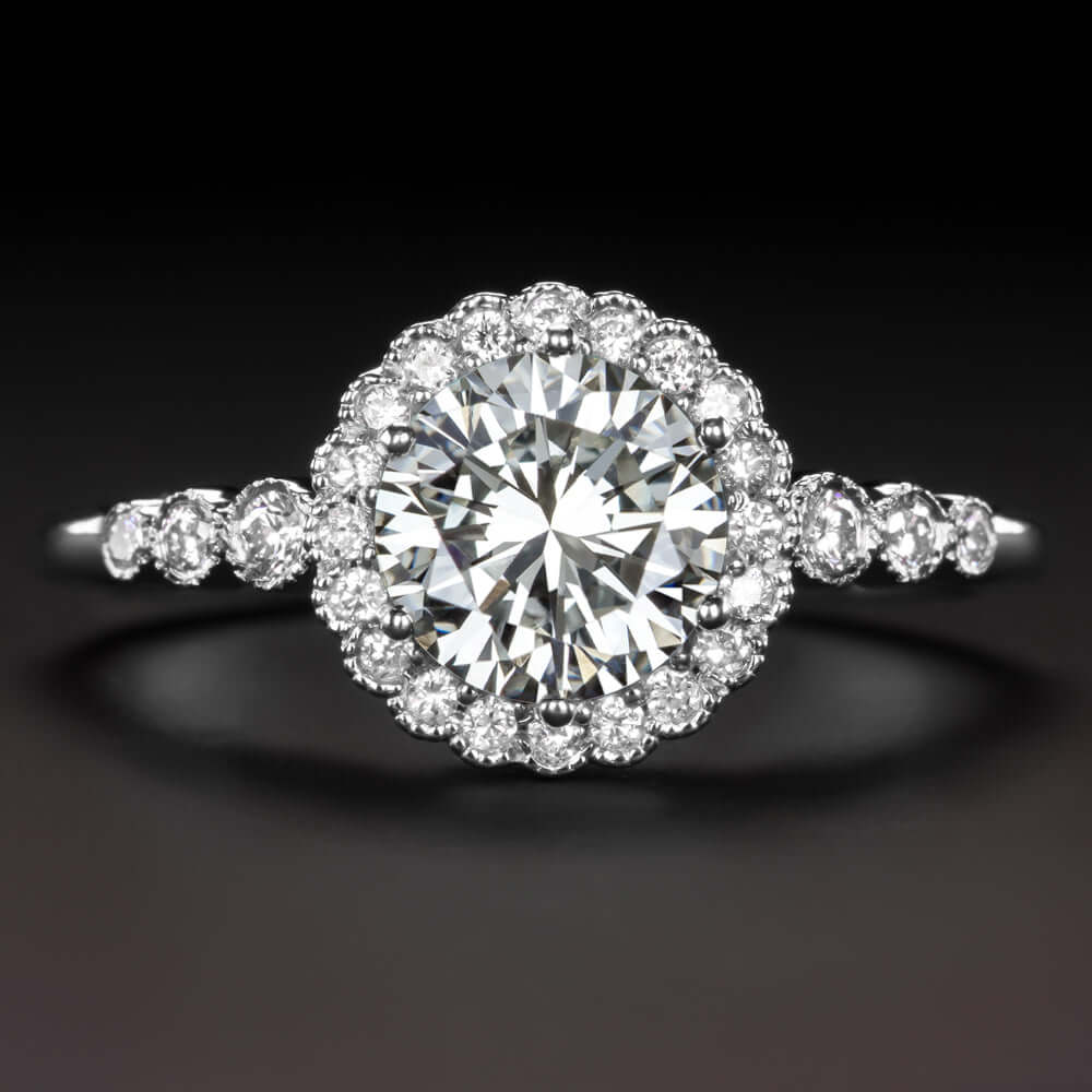 1ct CERTIFIED G VS2 DIAMOND ENGAGEMENT RING VINTAGE STYLE SCALLOPED HALO ROUND