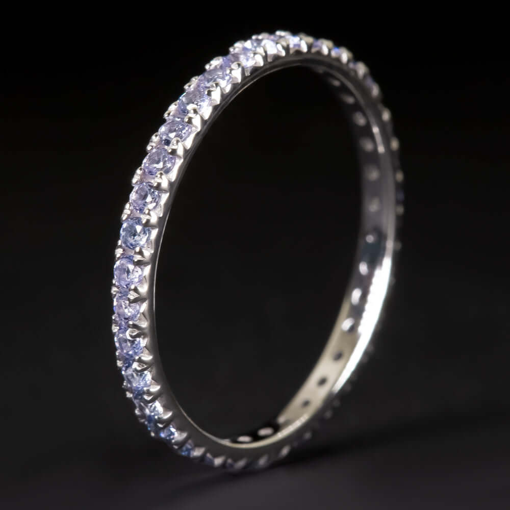 14K WHITE GOLD NATURAL TANZANITE ETERNITY RING BLUE PAVE STACKING WEDDING BAND