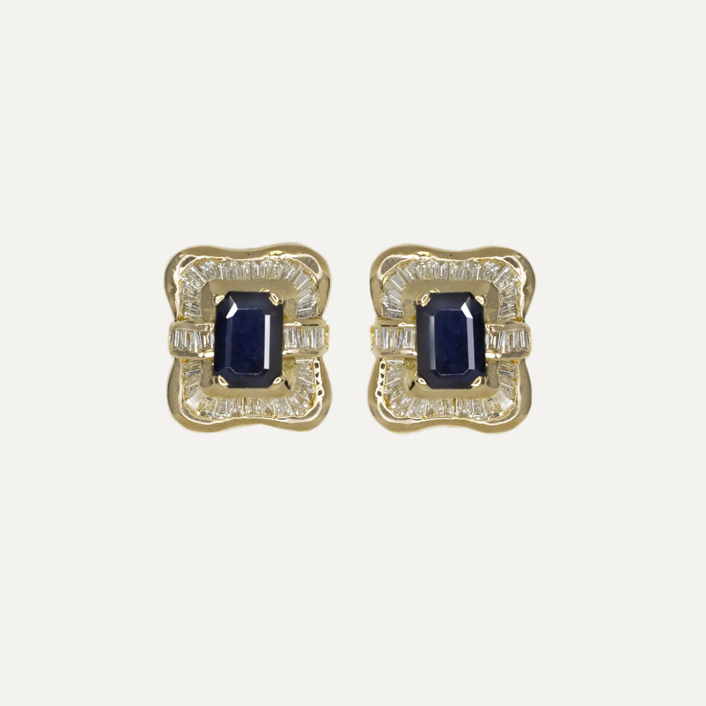 SAPPHIRE DIAMOND STUD EARRINGS BAGUETTE HALO 14k YELLOW GOLD