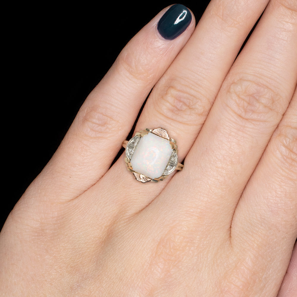 VINTAGE OPAL DIAMOND COCKTAIL RING 14k TRI TONE GOLD WHITE YELLOW ROSE ESTATE
