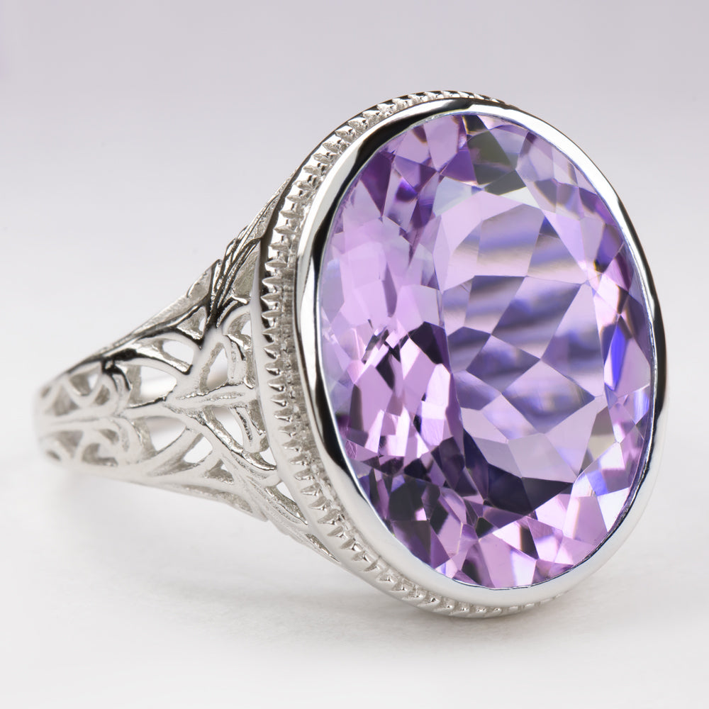 AMETHYST STERLING SILVER RING VINTAGE STYLE OVAL FILIGREE PURPLE GEM  SOLITAIRE