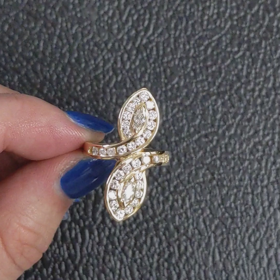 1.55ct NATURAL DIAMOND COCKTAIL RING BIG 31.2mm 14k YELLOW GOLD MARQUISE BYPASS