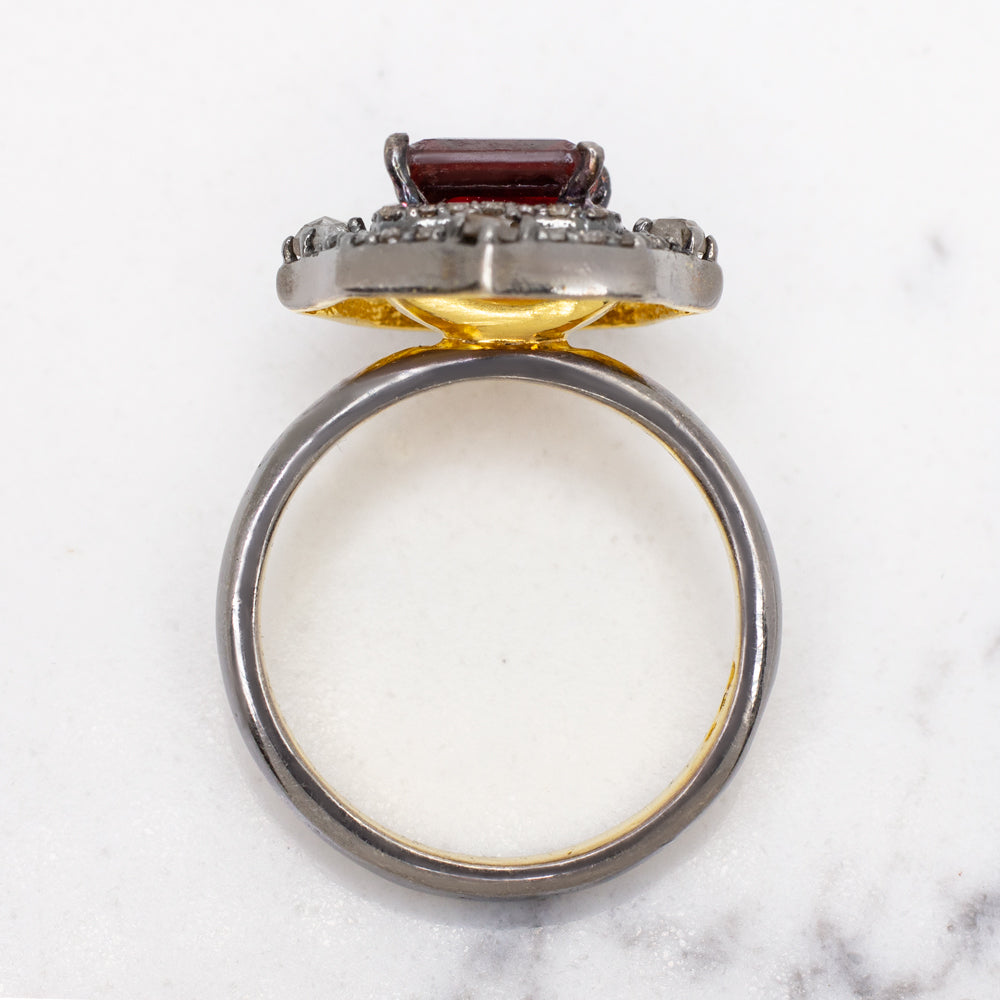 GARNET DIAMOND COCKTAIL RING NATURAL RED ASSCHER CUT SQUARE VINTAGE STYLE ROSE