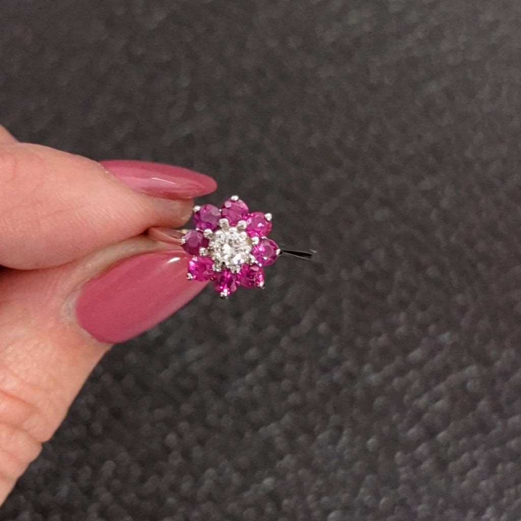 VINTAGE DIAMOND RUBY HALO COCKTAIL RING ROUND BRILLIANT CUT NATURAL WHITE GOLD