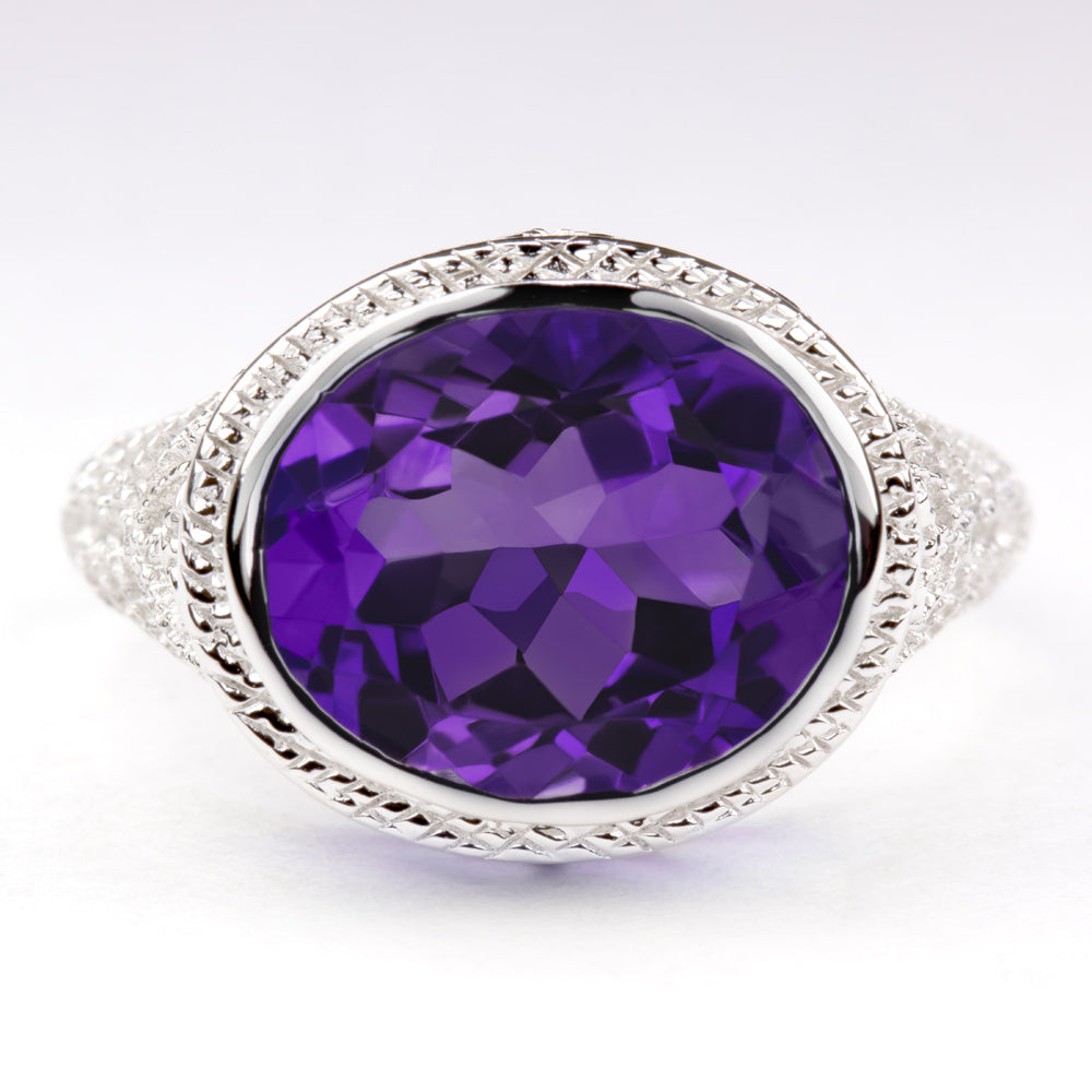AMETHYST STERLING SILVER RING VINTAGE STYLE EAST WEST OVAL
