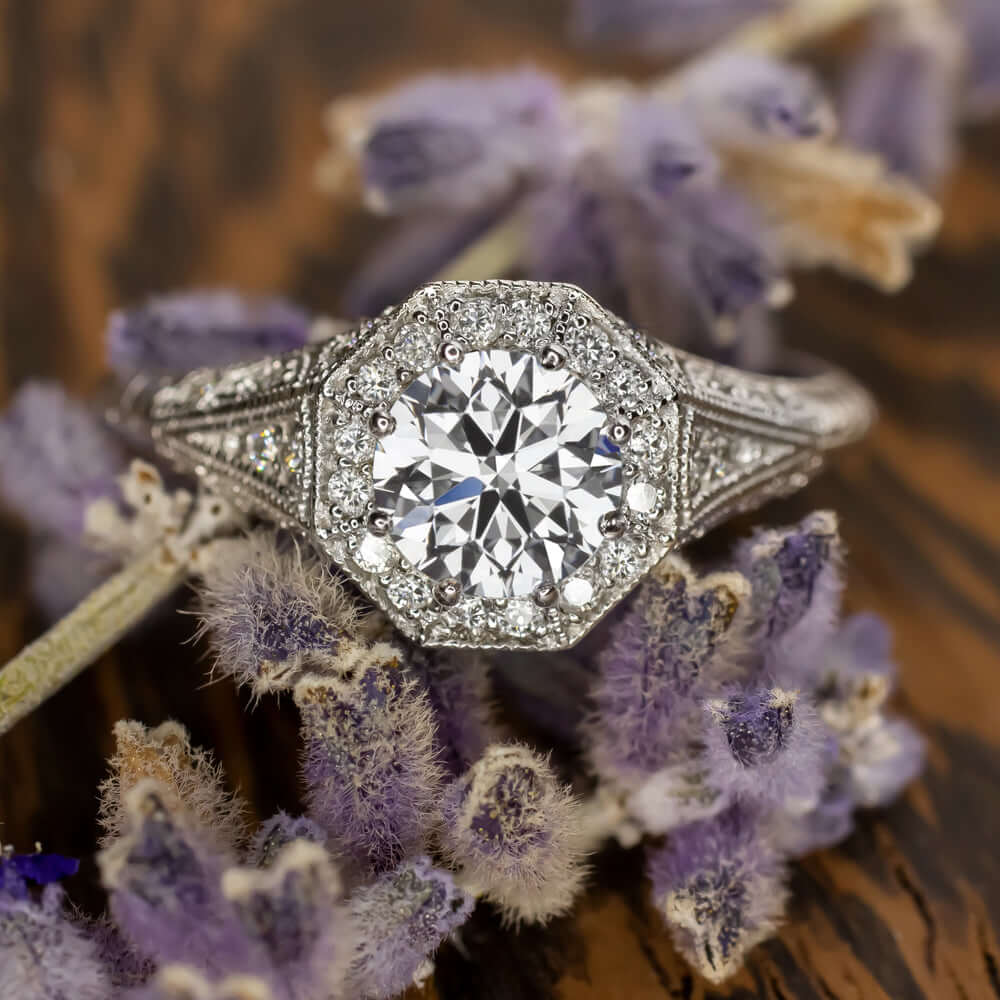 1 CARAT LAB CREATED DIAMOND ENGAGEMENT RING VINTAGE STYLE HALO IDEAL ROUND CUT
