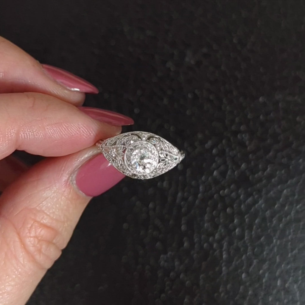1/2c OLD EUROPEAN CUT DIAMOND VINTAGE STYLE ENGAGEMENT RING HALO FLORAL FILIGREE