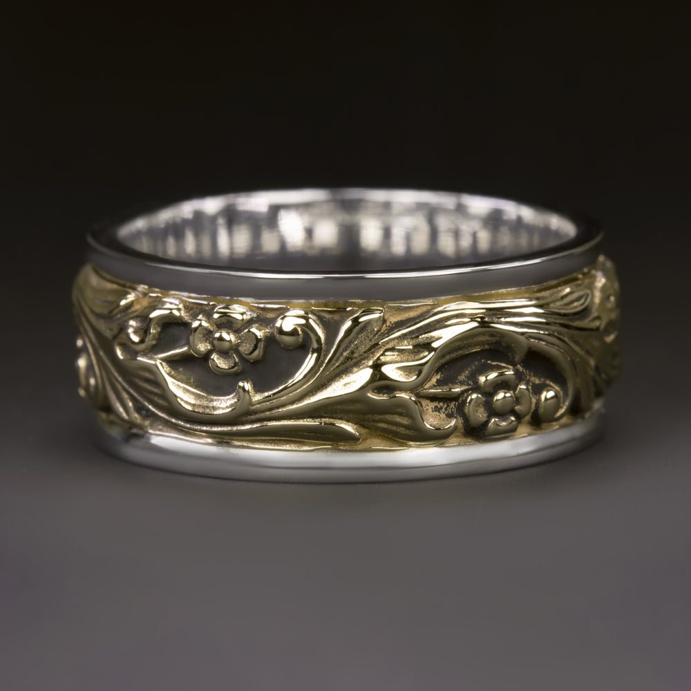 FLORAL TWO TONE GOLD RING WIDE BAND 14k WHITE YELLOW CARVED
