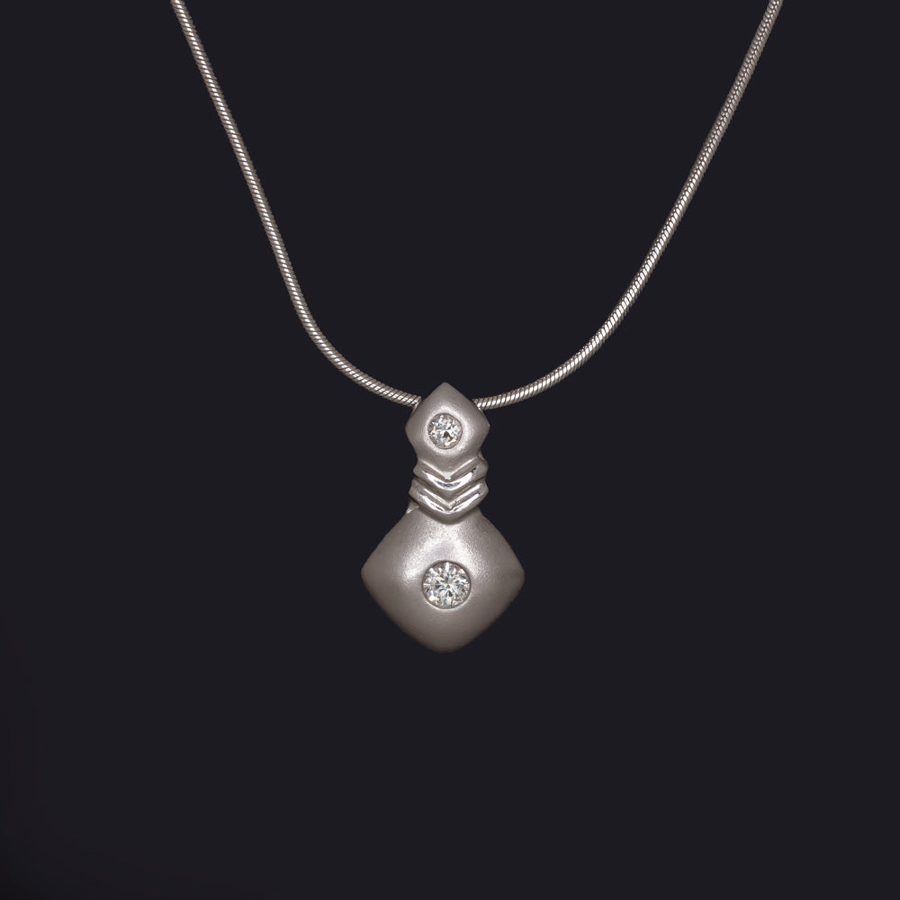 VINTAGE DIAMOND 14k WHITE GOLD NECKLACE PENDANT 80s RETRO FLUSH SET SATIN ESTATE