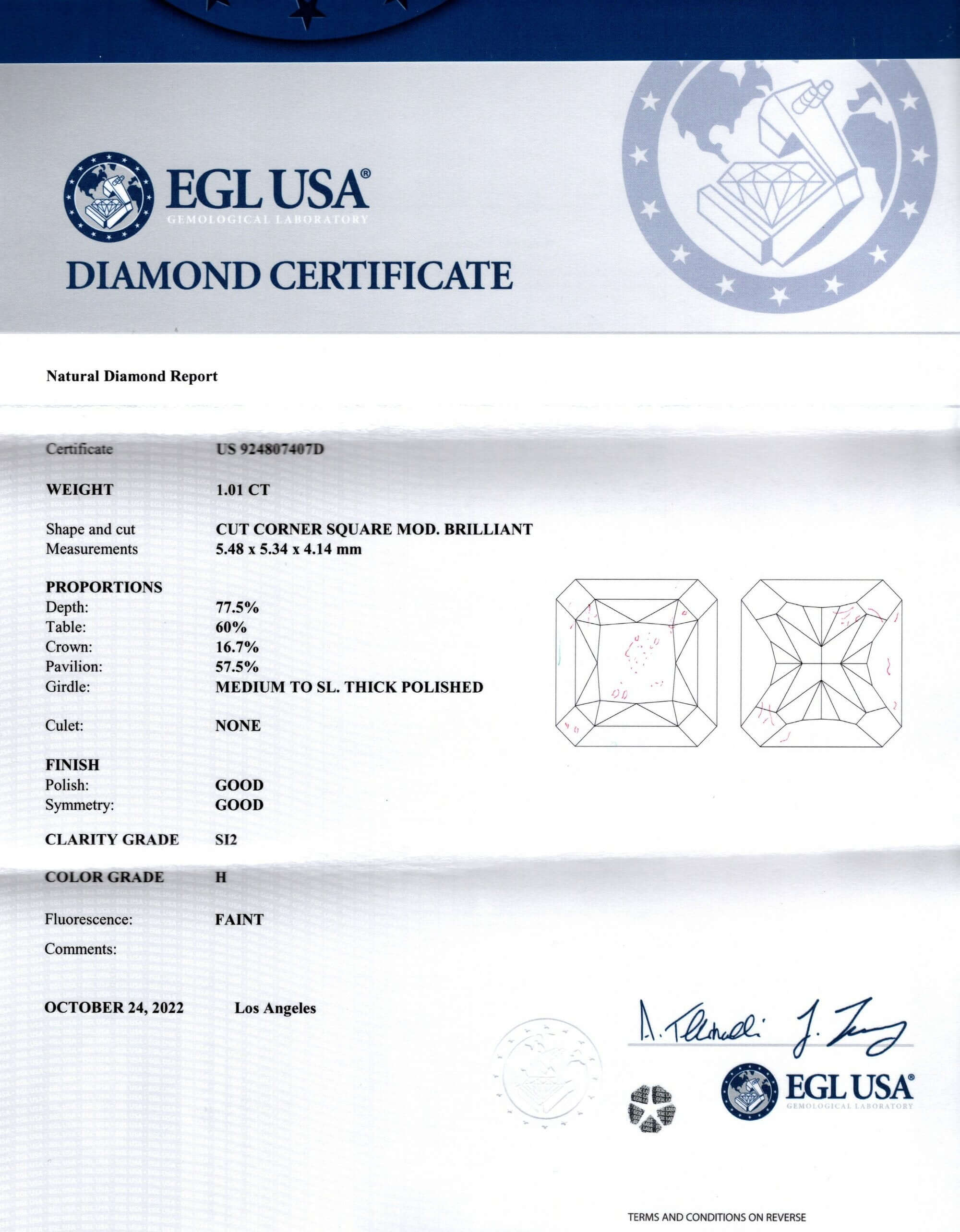 1 CARAT CERTIFIED H SI2 EXCELLENT RADIANT CUT DIAMOND SQUARE LOOSE NATURAL 1ct