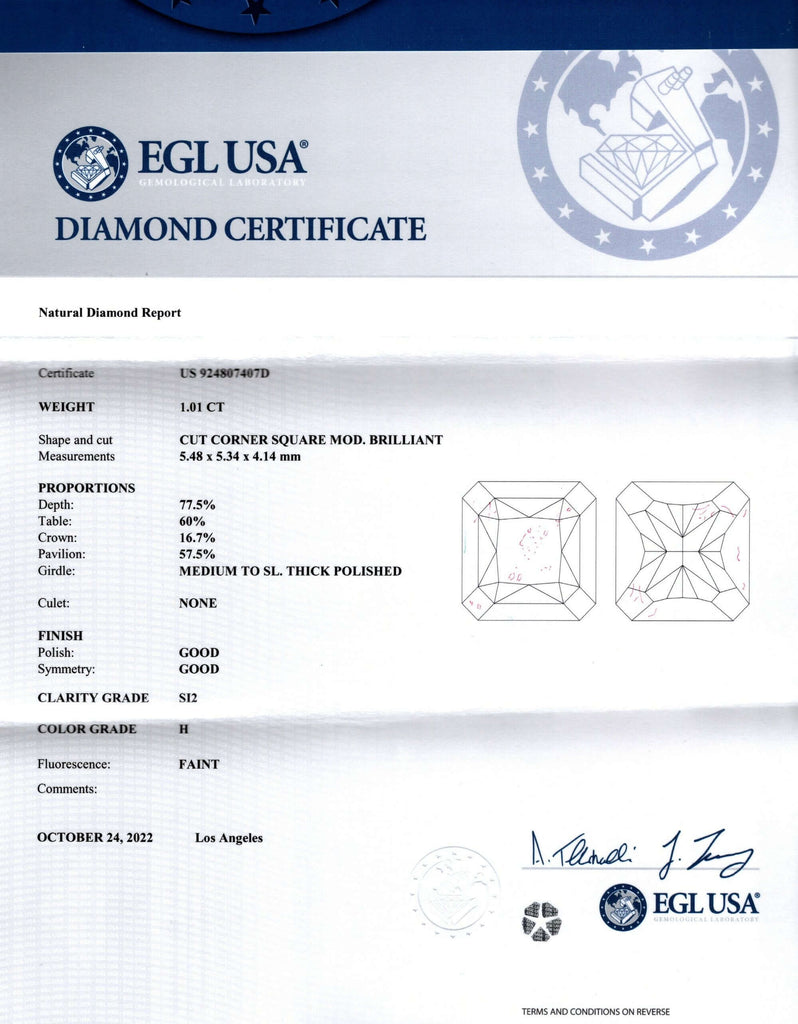 1 CARAT CERTIFIED H SI2 EXCELLENT RADIANT CUT DIAMOND SQUARE LOOSE NATURAL 1ct