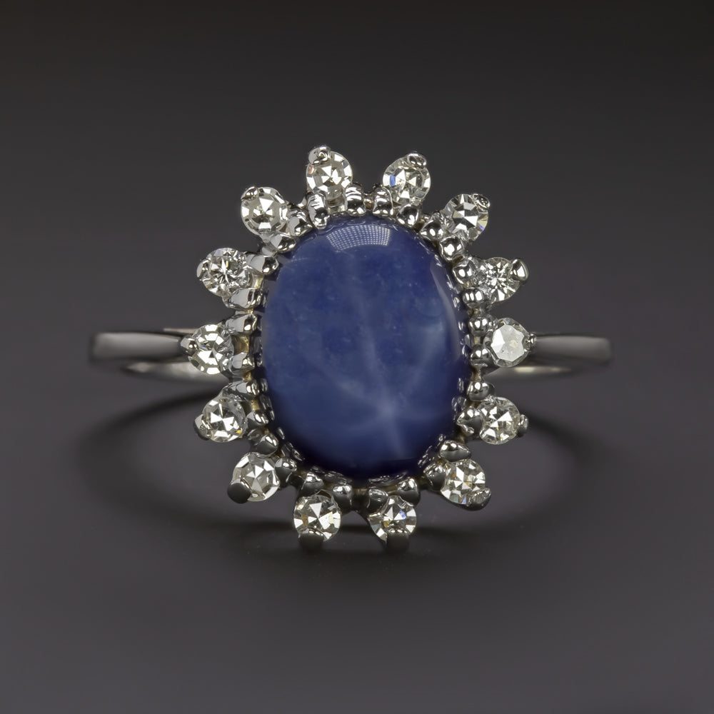 LINDE STAR SAPPHIRE DIAMOND VINTAGE RING OVAL COCKTAIL WHITE GOLD