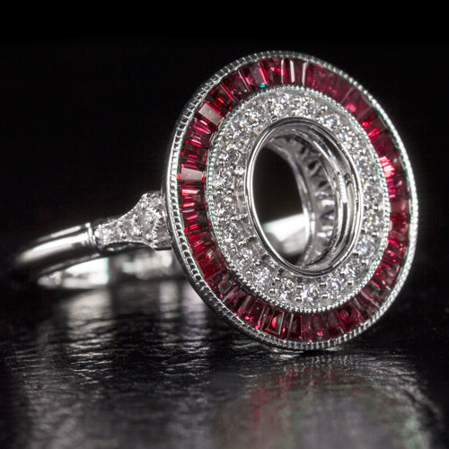 NATURAL RUBY DIAMOND OVAL ENGAGEMENT RING VINTAGE DOUBLE HALO SETTING SEMI-MOUNT Ivy & Rose