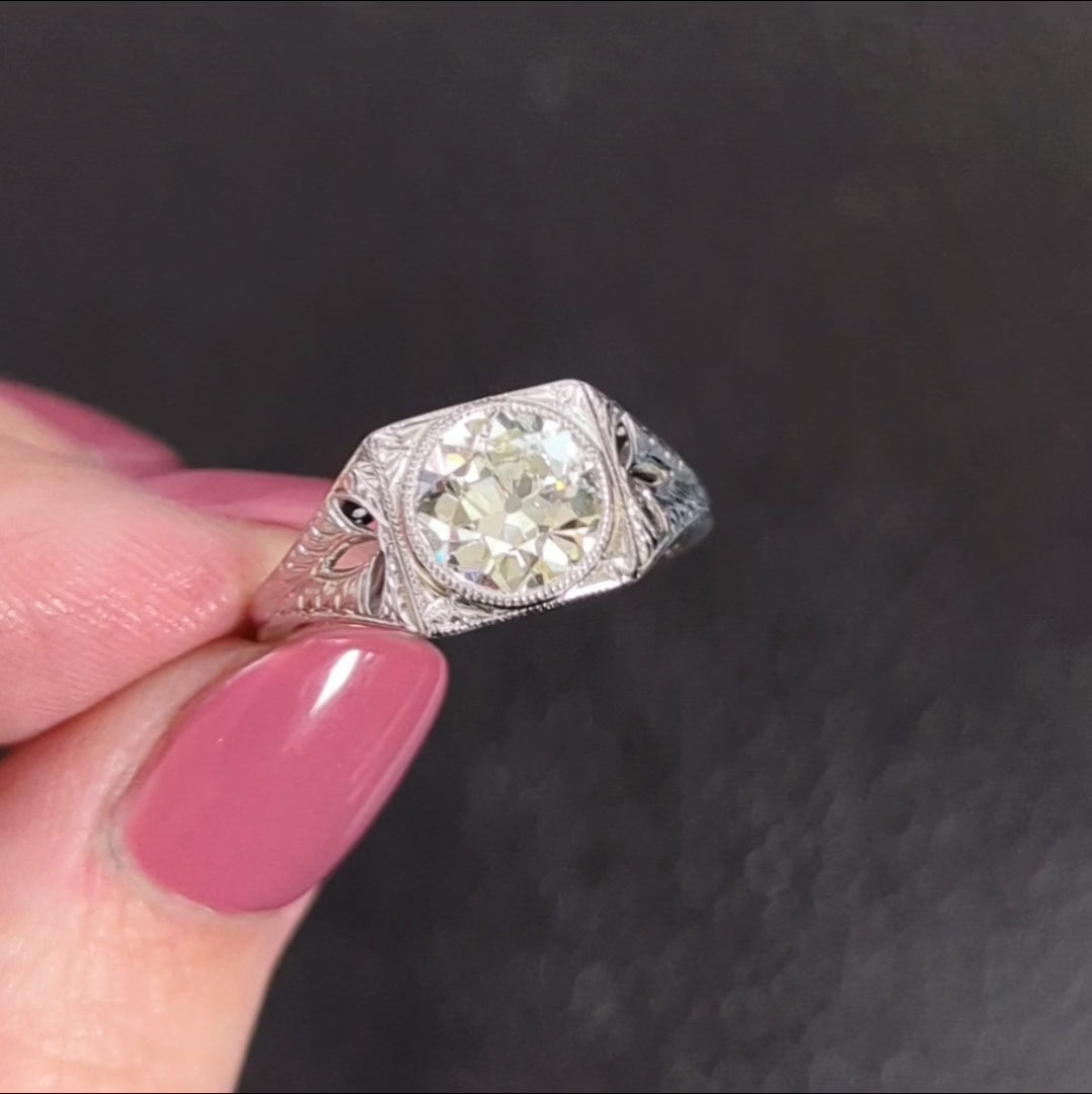 1.95ct OLD EUROPEAN CUT M VS1 DIAMOND ENGAGEMENT RING PLATINUM VINTAGE ART DECO