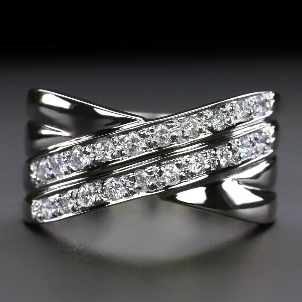 JanKuo Cubic Zirconia Criss Cross Wide Band Cocktail Ring | Rhodium Plated Statement Ring For Women - Gift Box