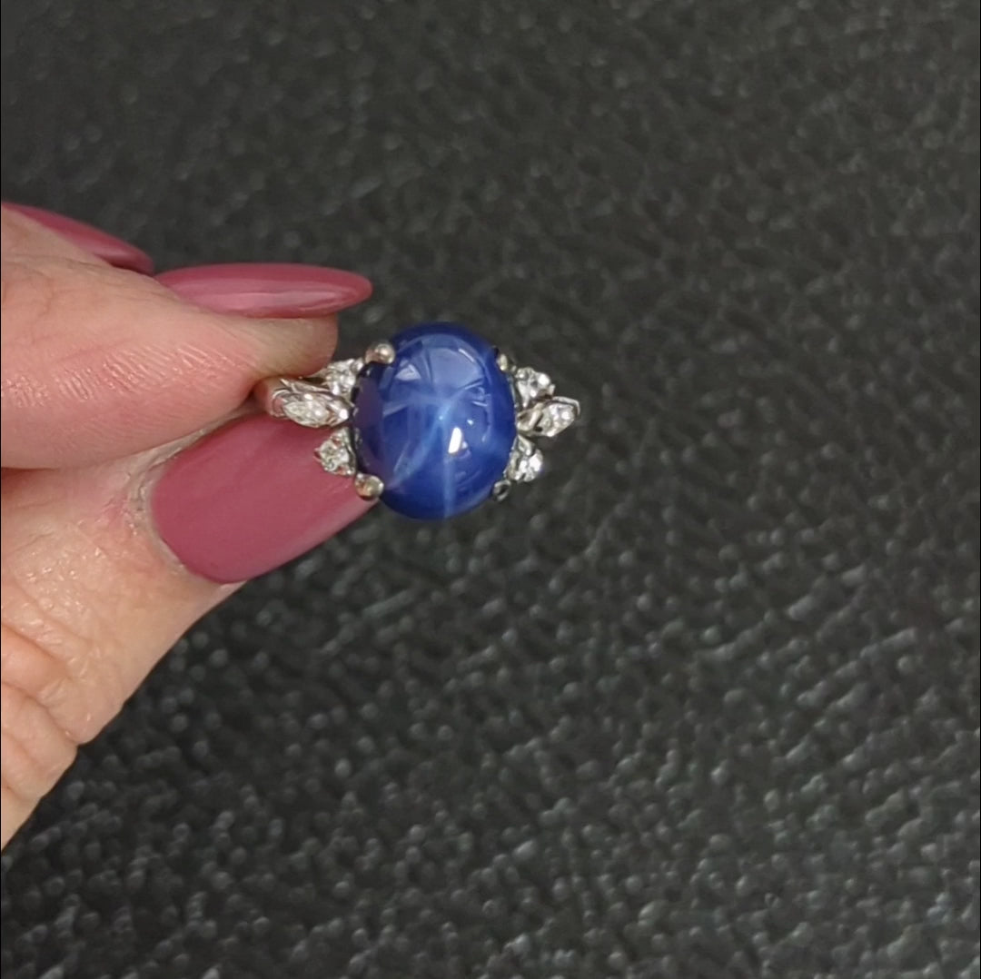 VINTAGE LINDE STAR SAPPHIRE DIAMOND COCKTAIL RING MID CENTURY RETRO WHITE GOLD