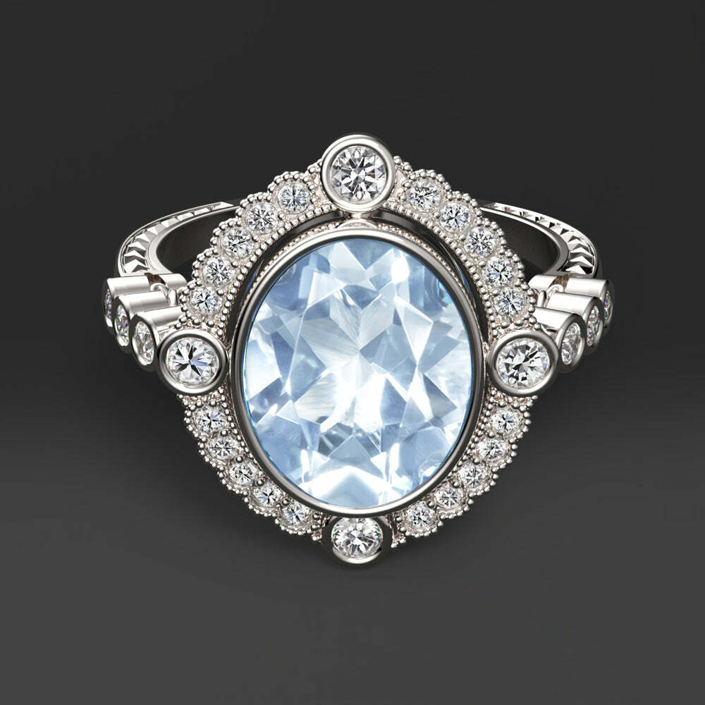 AQUAMARINE DIAMOND HALO COCKTAIL RING VINTAGE STYLE 14k WHITE GOLD