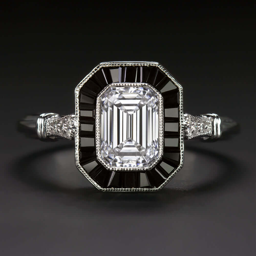 1ct GIA CERTIFIED D VS1 DIAMOND ENGAGEMENT RING VINTAGE STYLE ONYX EMERALD CUT