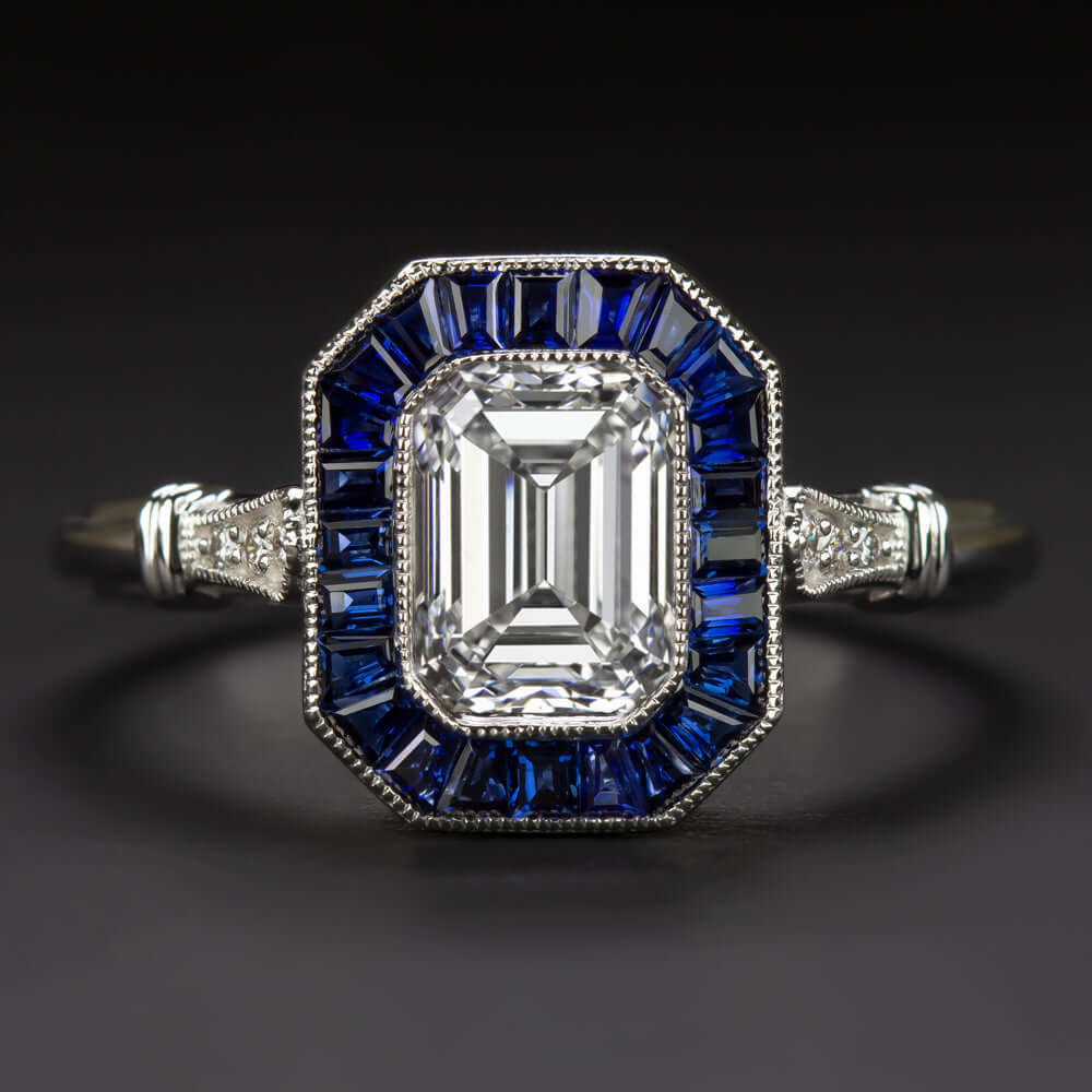 1.20c GIA CERT H VVS2 DIAMOND ENGAGEMENT RING VINTAGE STYLE SAPPHIRE EMERALD CUT
