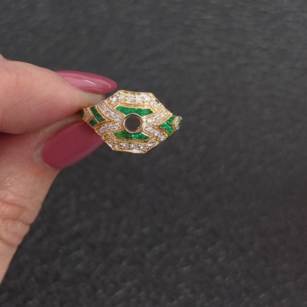NATURAL DIAMOND EMERALD RING MOUNT SETTING VINTAGE STYLE ART DECO YELLOW GOLD