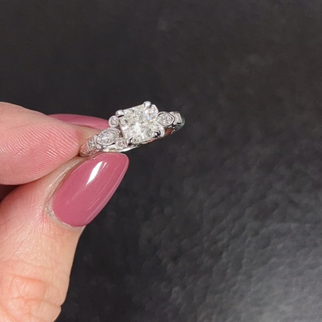 1 CARAT H SI1 PRINCESS CUT DIAMOND ENGAGEMENT RING VINTAGE STYLE 14k WHITE GOLD