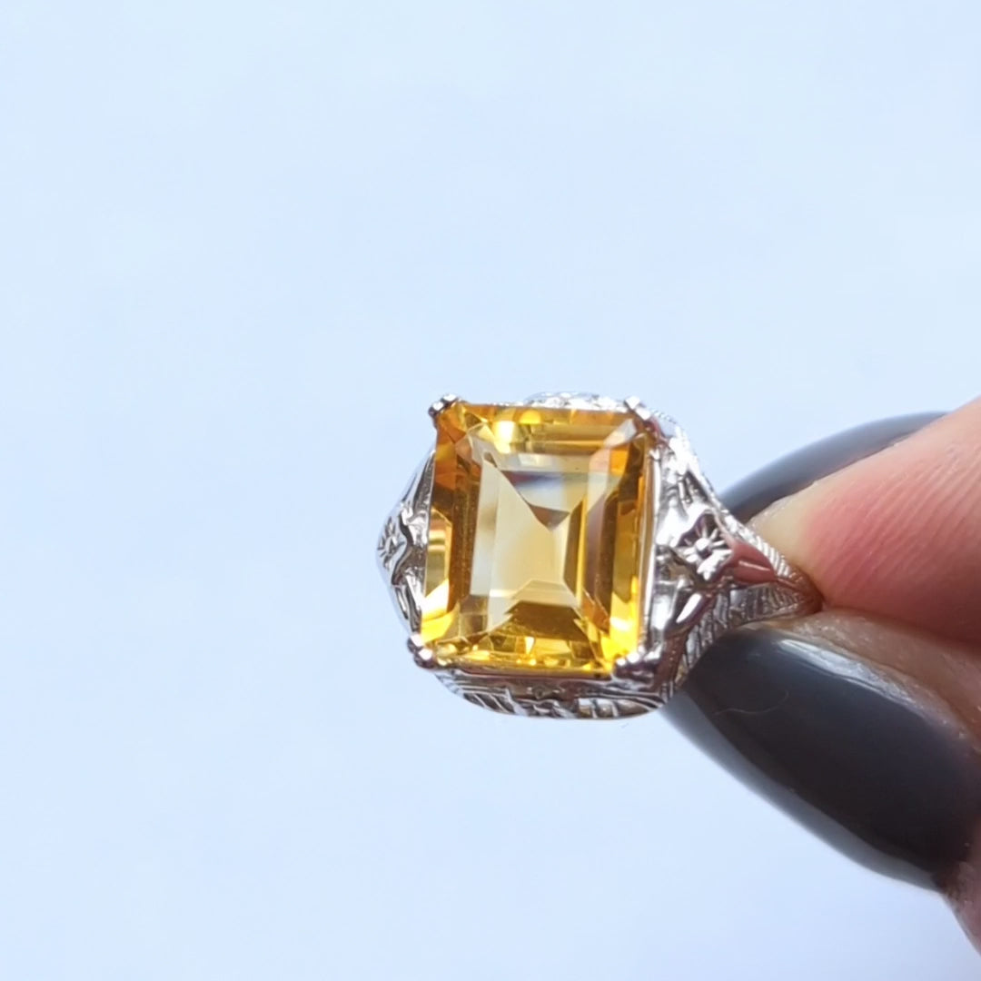 CITRINE STERLING SILVER VINTAGE STYLE RING ART DECO YELLOW EMERALD CUT FILIGREE