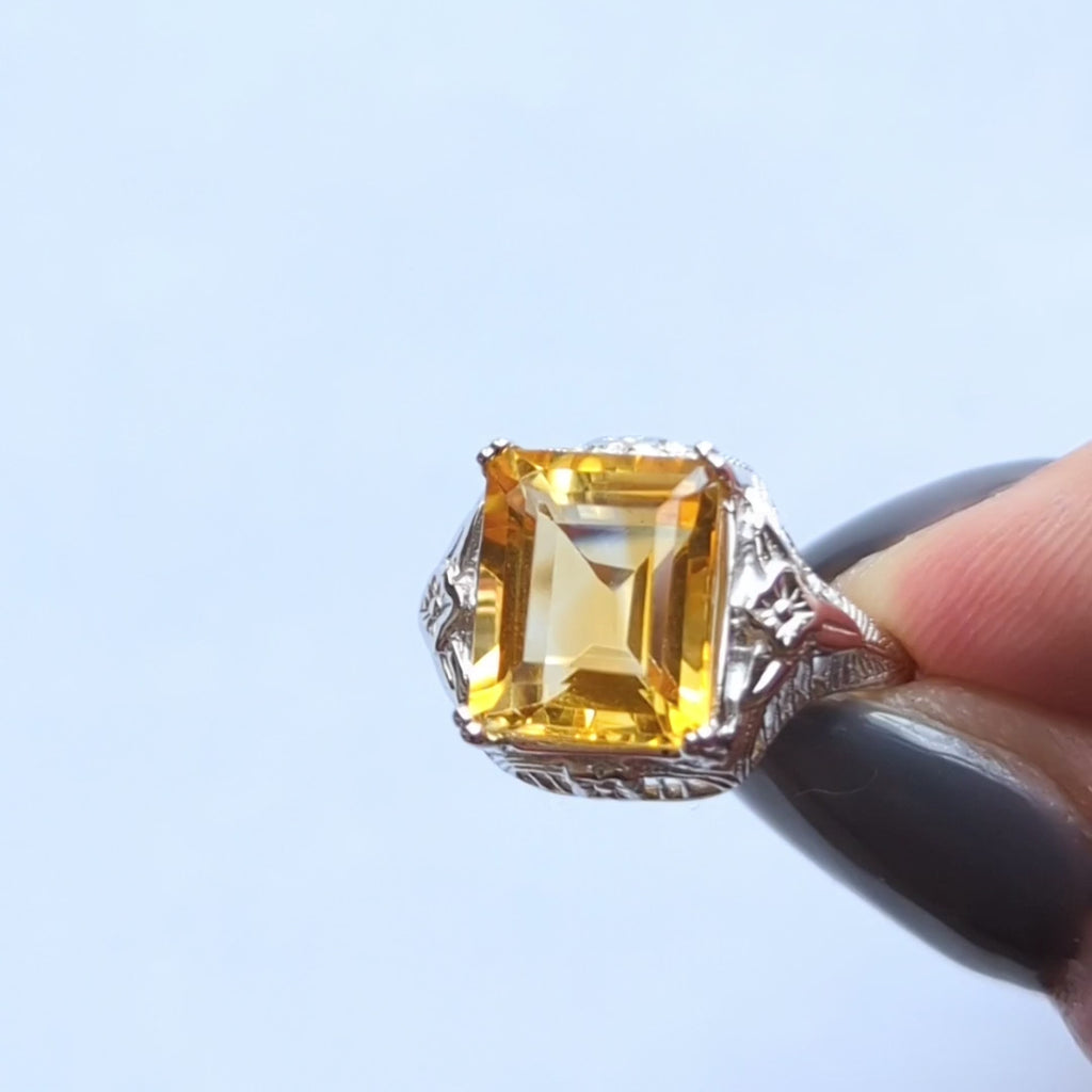 CITRINE STERLING SILVER VINTAGE STYLE RING ART DECO YELLOW EMERALD CUT FILIGREE