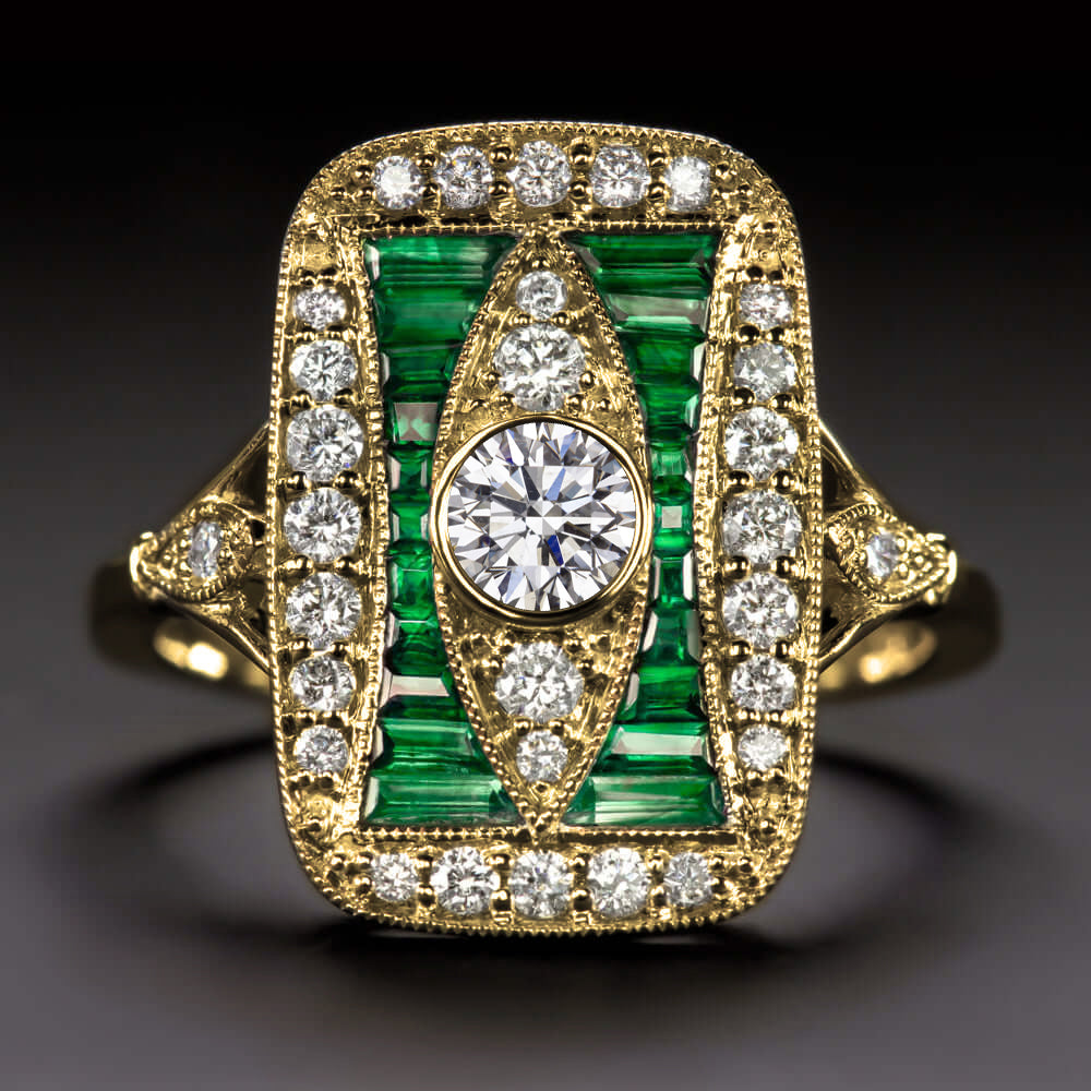 EMERALD DIAMOND VINTAGE STYLE COCKTAIL RING ART DECO 14k YELLOW