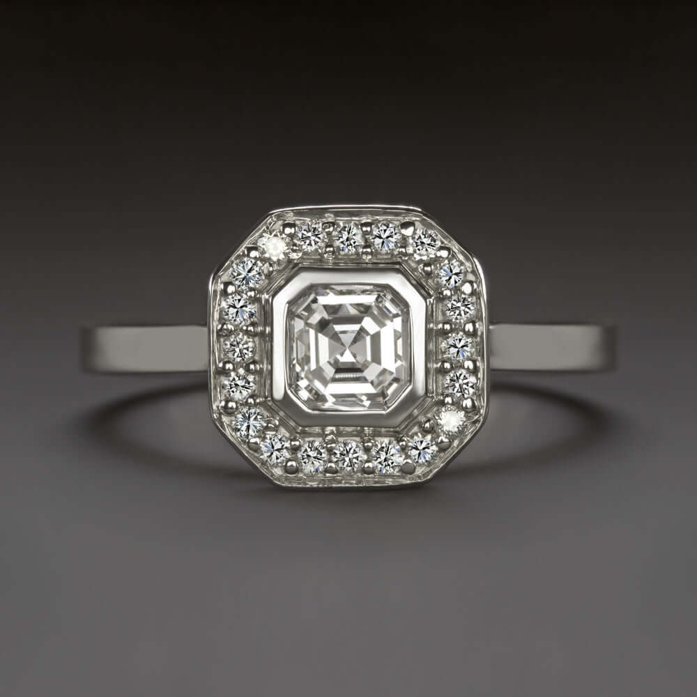 1 CARAT E-F VS1 EMERALD CUT DIAMOND ENGAGEMENT RING 18k WHITE GOLD HALO NATURAL