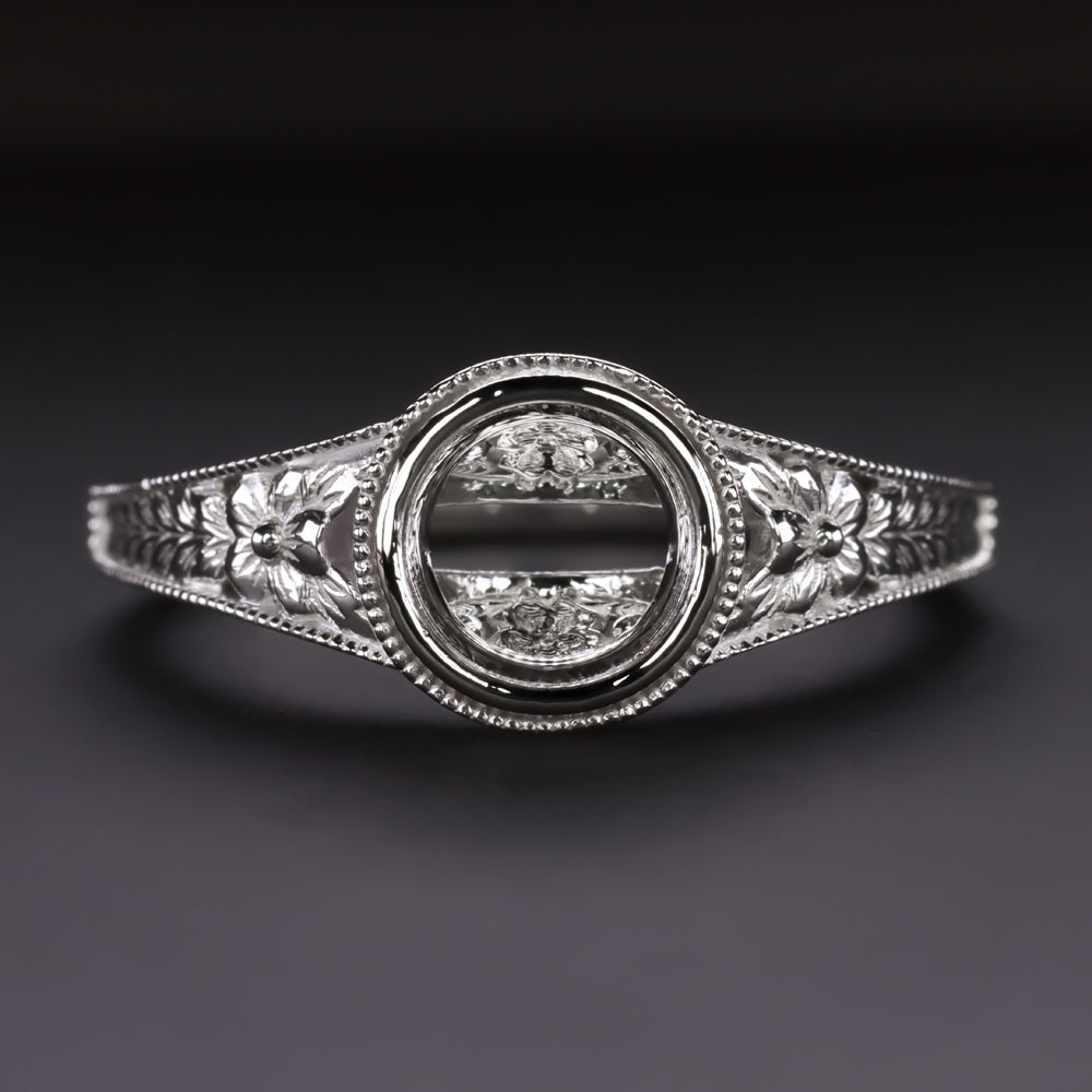 VINTAGE STYLE RING SETTING BEZEL MOUNT FLORAL ENGRAVED 14k WHITE GOLD ...