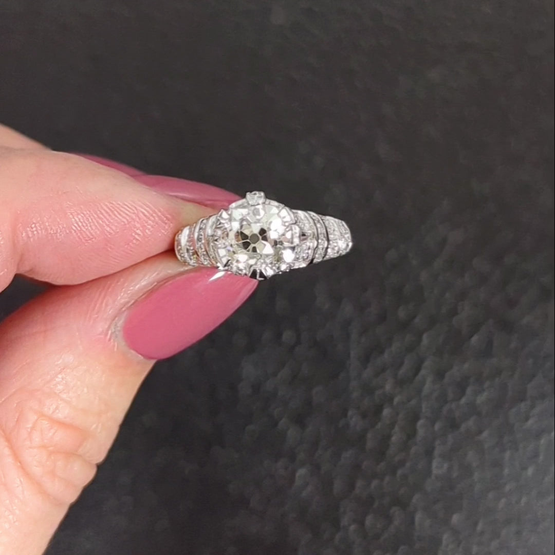 1.87ct OLD MINE CUT VINTAGE DIAMOND ENGAGEMENT RING PLATINUM ENGRAVED ART DECO
