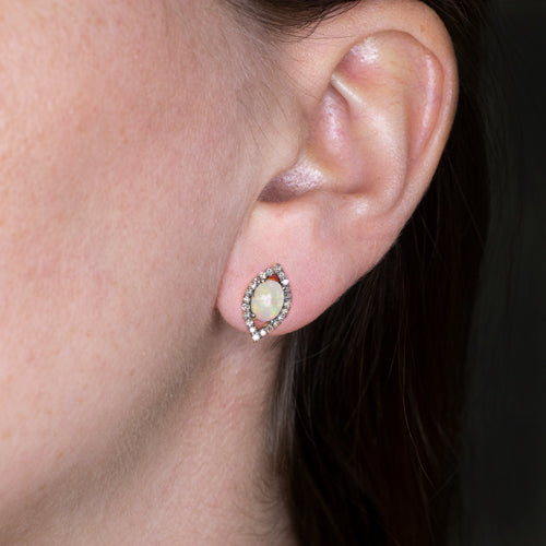 NATURAL OPAL DIAMONDS HALO STUD EARRINGS MARQUISE SHAPE SEEING EYE RUSTIC BOHO Ivy & Rose