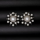 VINTAGE PEARL DIAMOND 14K WHITE GOLD STUD EARRINGS MIDCENTURY STARBURST ATOMIC