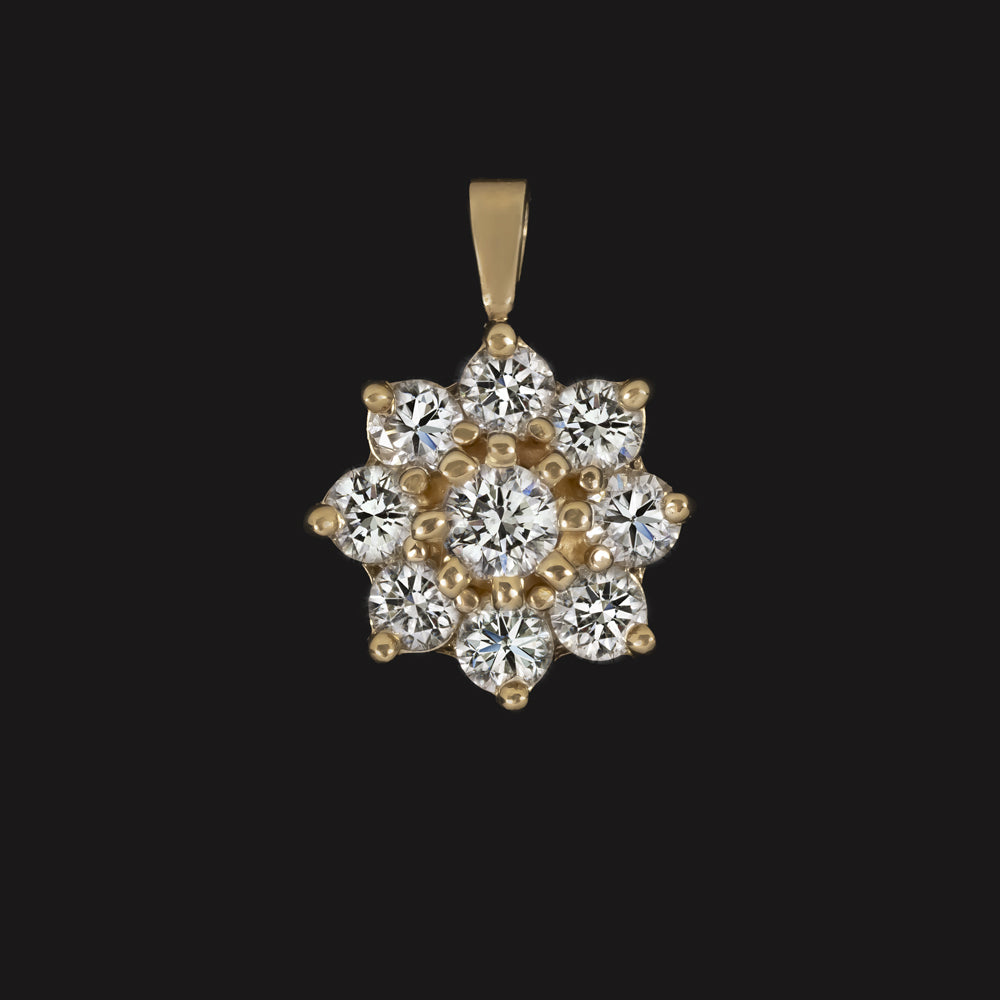 DIAMOND CLUSTER PENDANT NATURAL ROUND FLOWER 14k YELLOW