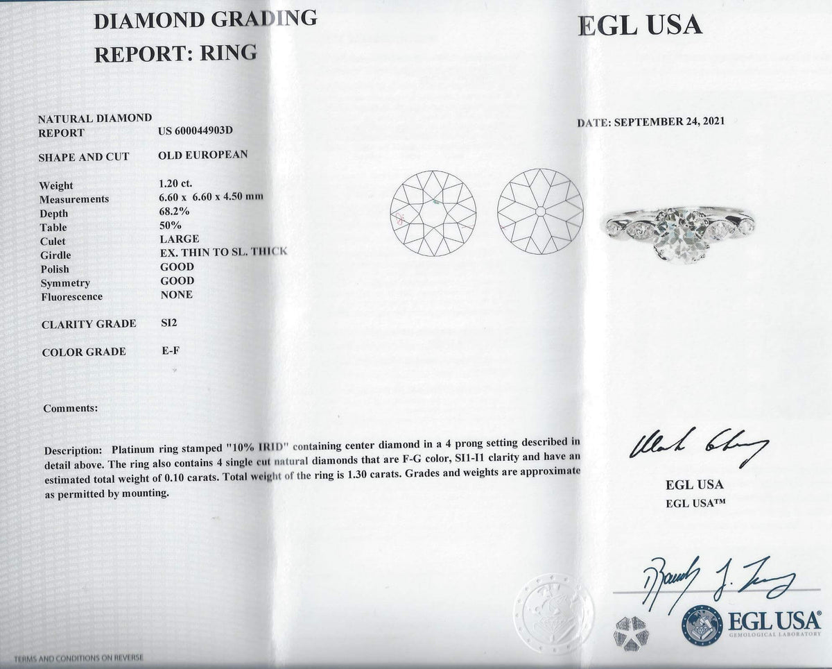 1.30ct CERTIFIED E SI2 DIAMOND ENGAGEMENT RING OLD EUROPEAN CUT VINTAGE PLATINUM